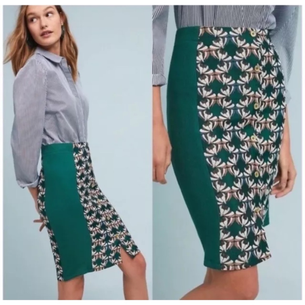 DOLAN Skirt Size L Devlin Button Front Green Floral Sparkle ANTHROPOLOGIE